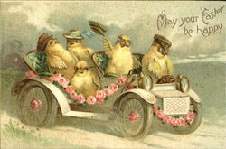 Five Chickens Riding in a Flower Decorated Car With Chicks Postcard Postcard