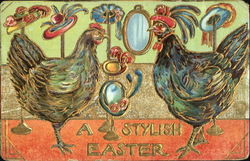 Hen and Rooster in hat shop Postcard