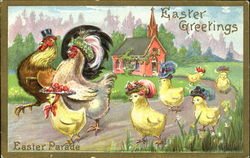 Chick family, father in black hat, mother & chicks in hats, church Postcard