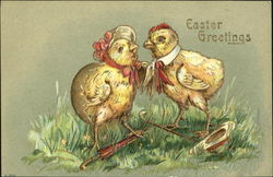 male & female chick, female standing on folded umbrella Postcard