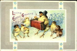 Chick in hat playing accordian, six other chicks With Chicks Postcard Postcard