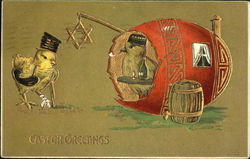 Chick with crutch approaching egg with chick and Star of David With Chicks Postcard Postcard