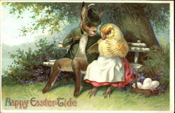 Rabbit and Chick Sitting on a Bench Postcard