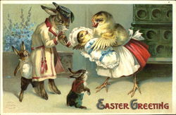 Bunny and kids greeting new born chick and mother Postcard