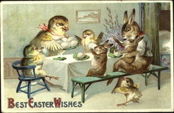 Chicks and Bunnies at table eating eggs Postcard