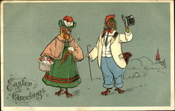 A dressed up rooster says hello to a dressed up checken Postcard