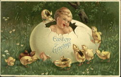 Child in an Easter Egg and Chicks With Children Postcard Postcard