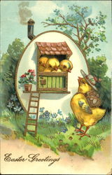 Three chicks in egg house, mother chick with backpack Postcard