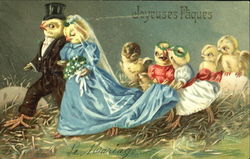 Bride and Groom Easter Chicks With Chicks Postcard Postcard