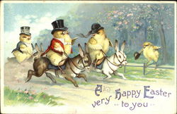 Chicks in Fancy Dress Riding Bunnies With Chicks Postcard Postcard