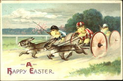 Chicks Racing in Carts Pulled by Bunnies With Chicks Postcard Postcard