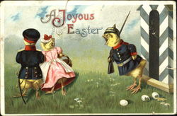 Chick military guard with gun, male & female dressed chicks walking away With Chicks Postcard Postcard