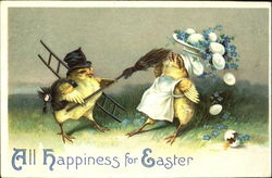 A chick dressed as a chimney sweep hits a chick dressed as a maid with a broom With Chicks Postcard Postcard