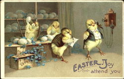 Four chicks taking egg orders, one on phone With Chicks Postcard Postcard