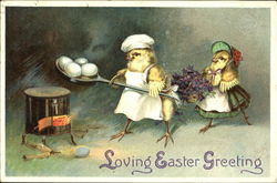 Chick couple, male with chef's hat, putting eggs on oven With Chicks Postcard Postcard