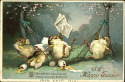 Chicks paying with eggs in a hammock With Chicks Postcard Postcard