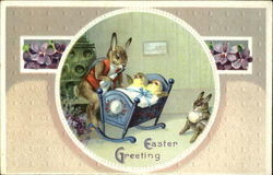 Bunny Rocking Chicks in a Cradle With Bunnies Postcard Postcard