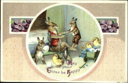 Three Rabbits and Three Chicks With Bunnies Postcard Postcard