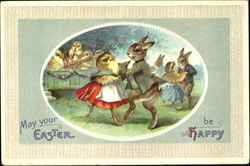 Easter Bunny and Chicks Dancing Postcard