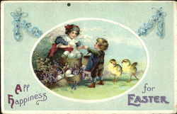 Girl giving Boy a Large Egg With Children Postcard Postcard