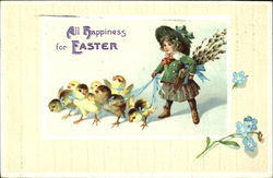 Girl with Chicks on Leashes Postcard