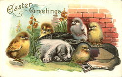 Puppy sleeping with chicks Postcard