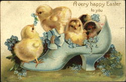 Five chicks sitting in a blue shoe With Chicks Postcard Postcard