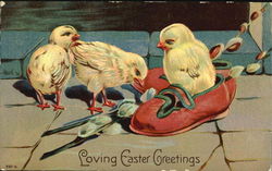 Three Easter Chick and Red Slippers Postcard