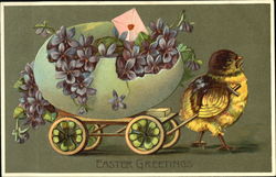 A Chick Pulling a Flowered Egg Filled WIth Flowers With Chicks Postcard Postcard