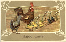 Hen, and Rooster with chicks holding pussy willows Postcard Postcard