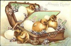 Chicks sitting in a suitcase filled with flowers and eggs Postcard