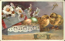 Two chicks next to a box with eggs and flowers With Chicks Postcard Postcard