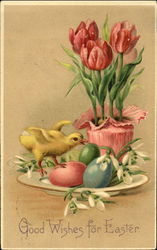 Chick with Eggs and Red Flowers Postcard