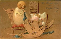 Egg mother knitting, egg baby in cradle Postcard