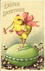 Chick with braids and pink ribbons on egg Postcard