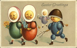 Four egg people, faces in half egg where yolk should be Postcard