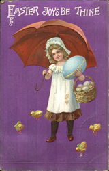 Little Girl With a Red Umbrella and Four Chicks With Children Postcard Postcard