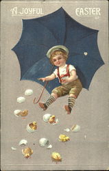 Boy under blue umbrella watching chicks hatch With Chicks Postcard Postcard