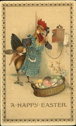 Mother hen wearing apron, talking on telephone, basket of eggs With Chicks Postcard Postcard