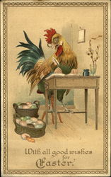 A roster wearing glasses write in a book while looking at bascets of eggs Postcard Postcard