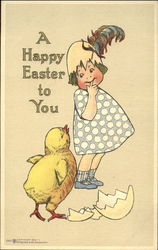 Girl with finger in mouth, 1/2 egg on head, chick Postcard