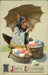 Mother Hen knitting, two baskets of colored eggs With Chicks Postcard Postcard