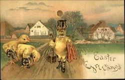 Chick with top hat walking on road, 2 other chicks bowing Postcard