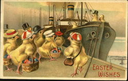 Chicks carrying egg baskets board a ship With Chicks Postcard Postcard