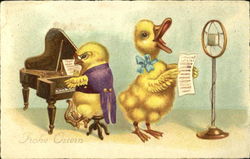 Chick and Duckling Playing Music With Chicks Postcard Postcard