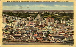 A Portion of the Business Area of San Diego, California, Balboa Park in the Distance Postcard