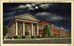 Night-time scene, First Baptist Church and Sunday School Rooms Postcard