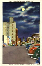 Night-Time Scene of Main Street, Looking towards Capitol Columbia, SC Postcard Postcard