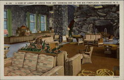 A view of lobby of Grove Park In.., showing one of the big fireplaces Asheville, NC Postcard Postcard