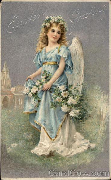 Pretty Angel in Blue Dress Bedecked With Flowers With Angels